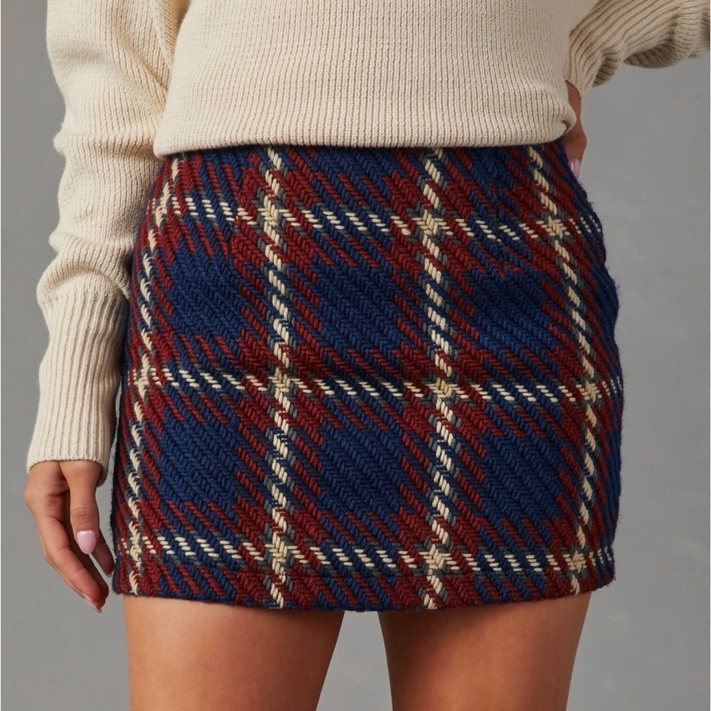 English Factory Plaid Knit Mini Skirt Navy Red Women’s Medium Preppy Fall